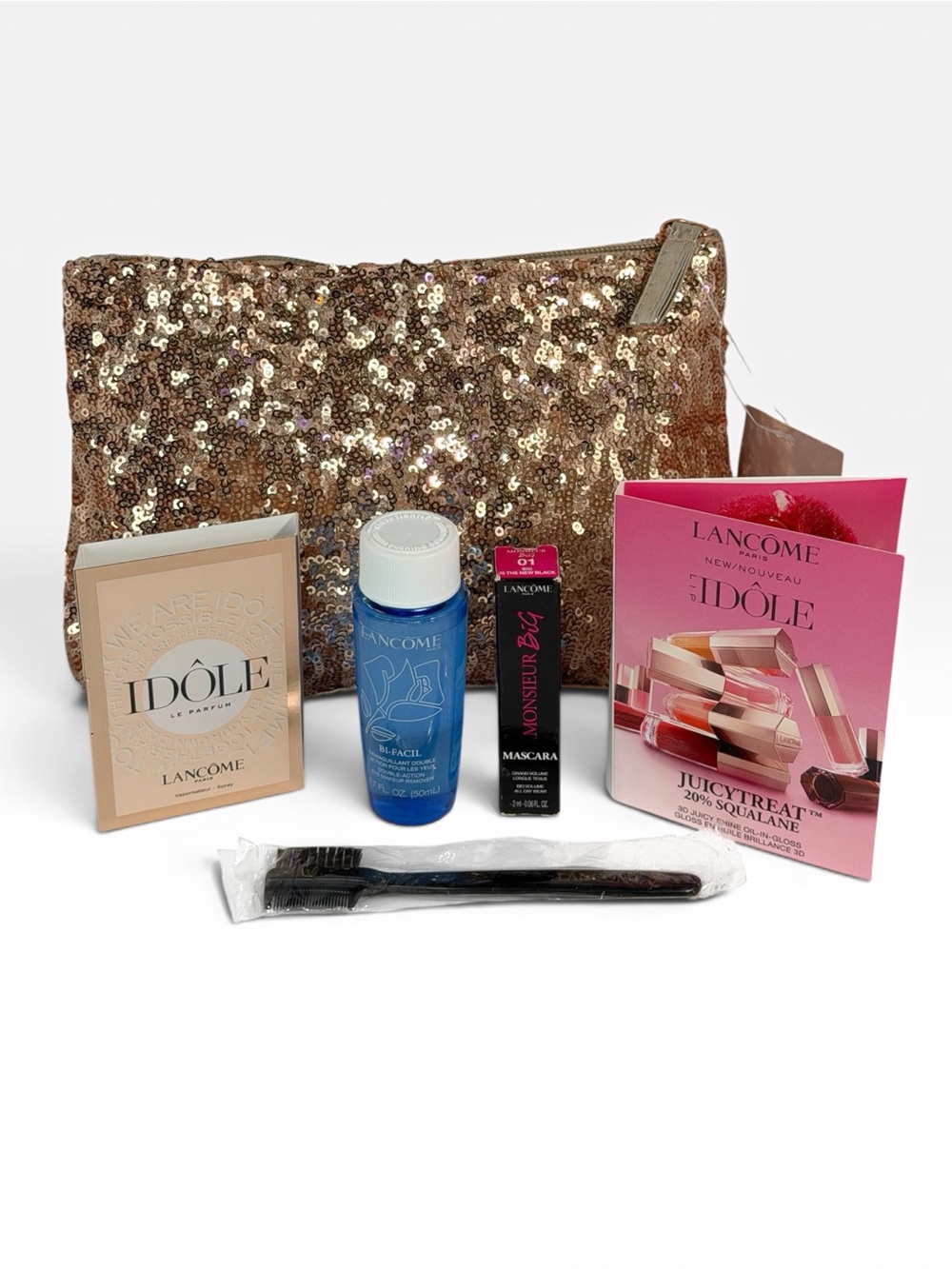 Lancôme 5 pc Makeup Set with Rose Gold Sequin Cosmetic Bag
